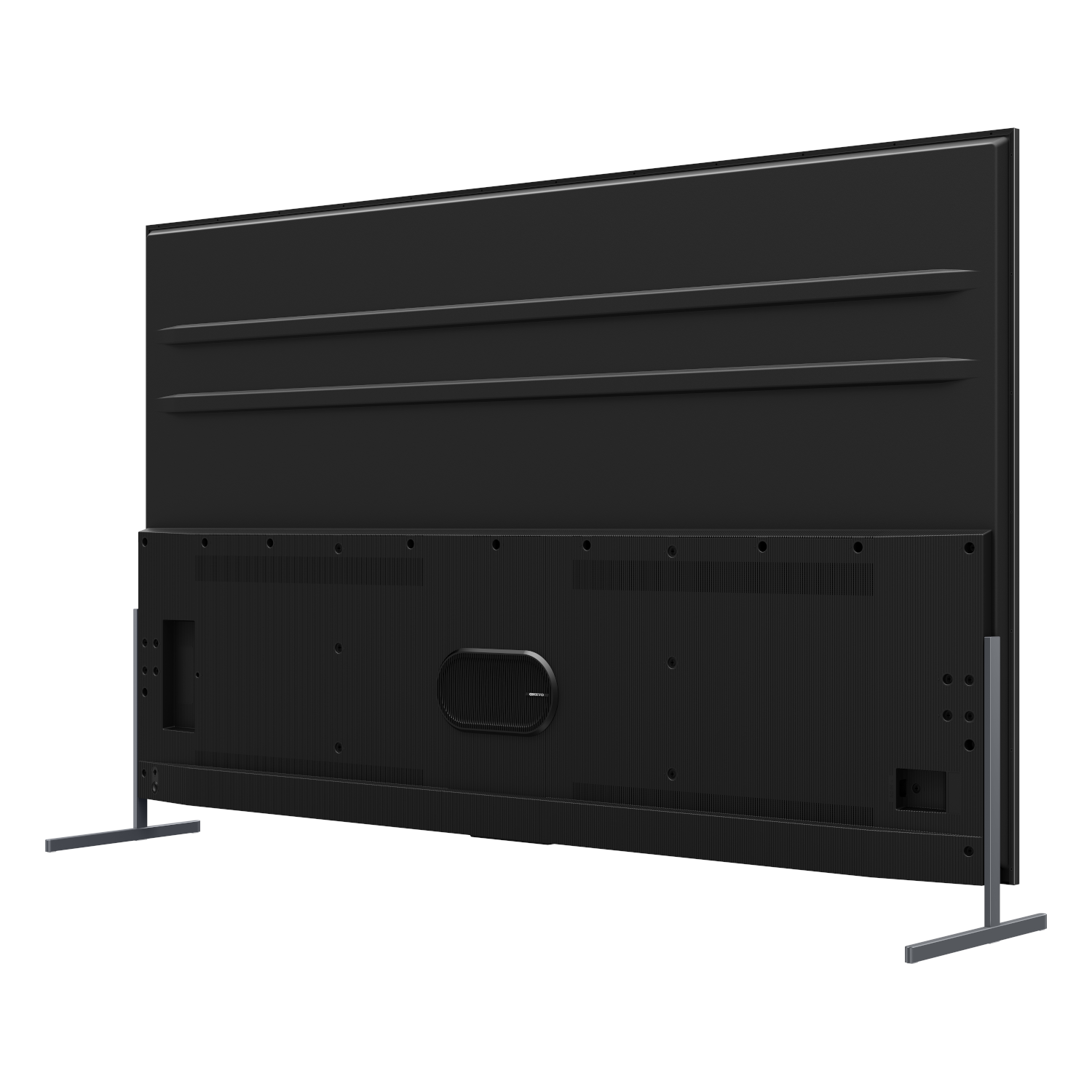 Back view of a black TV with silver stands, on a white background.