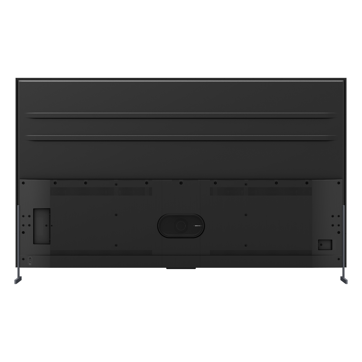 Black TV back with ports and stands, modern and sleek design.