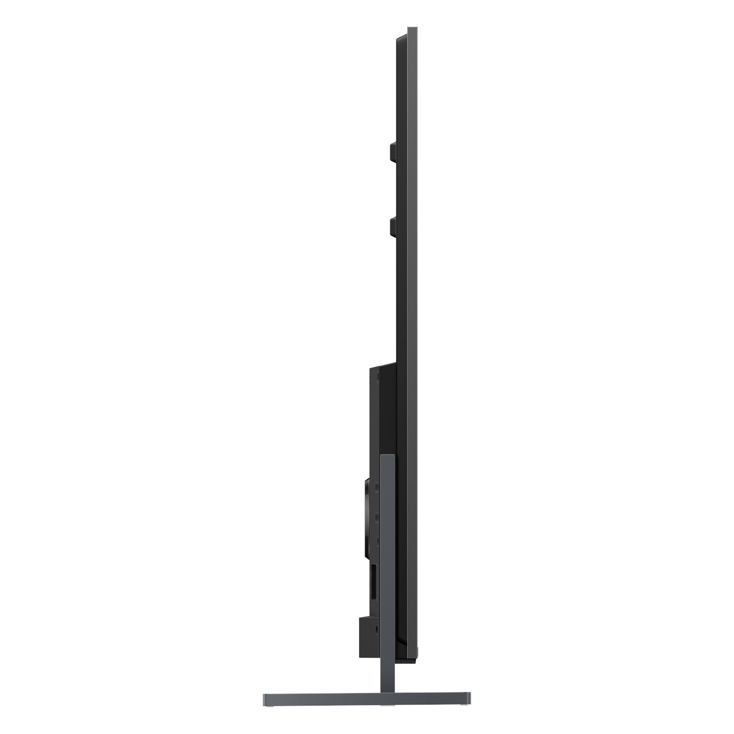 A thin black TV on a gray stand, side view, white background.