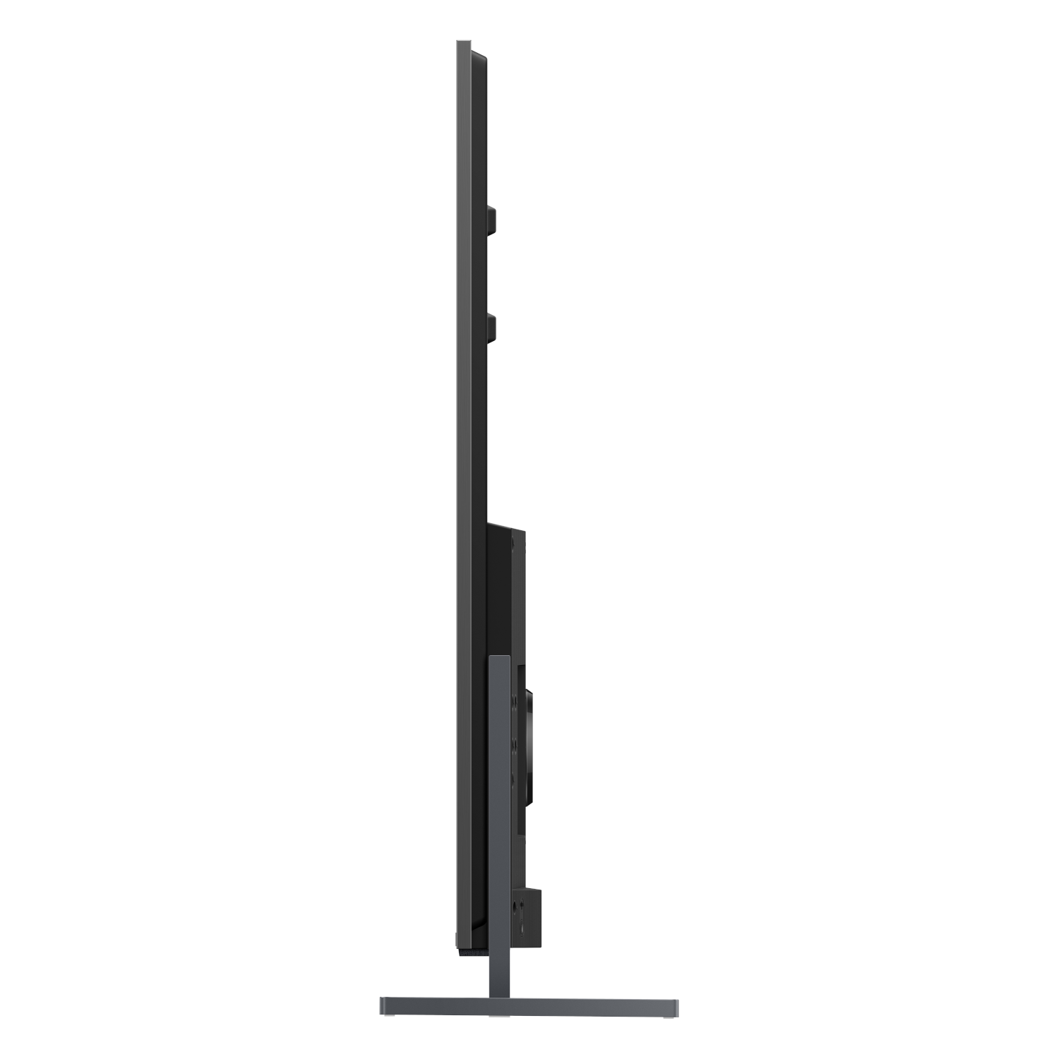A side view of a black TV on a stand. The screen is dark, with a slim profile and a stand.