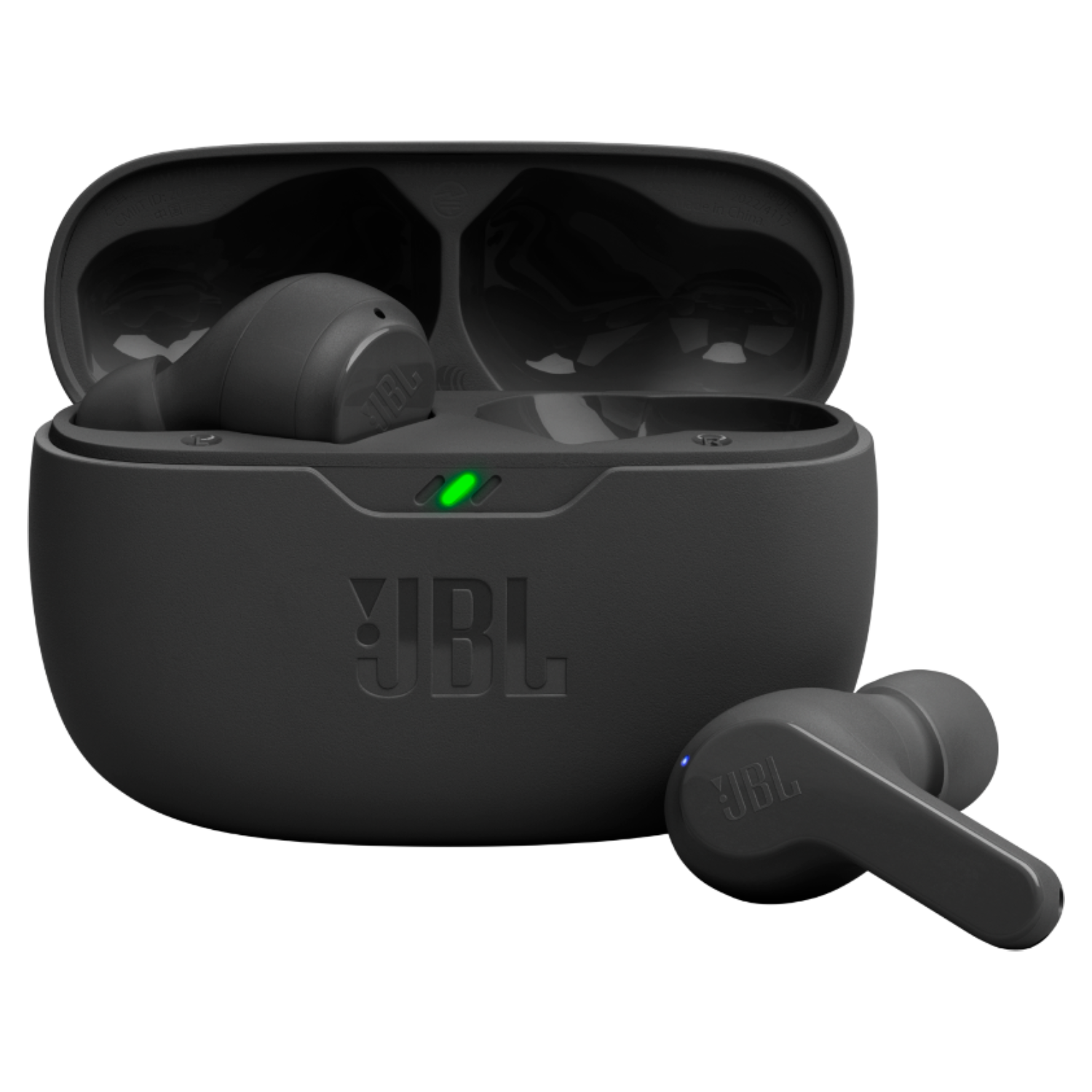 Zwarte JBL draadloze oordopjes met een oplaadcase. De case is open en de oordopjes zijn zichtbaar.