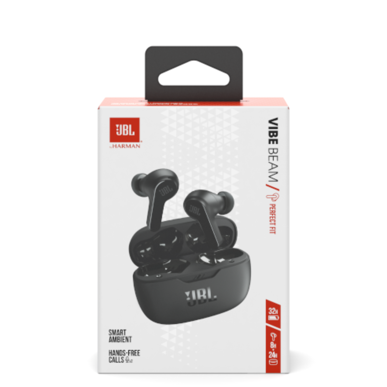 JBL Vibe Beam oordopjes in een doos. Zwarte oordopjes in een oplaadcase, de doos is open.