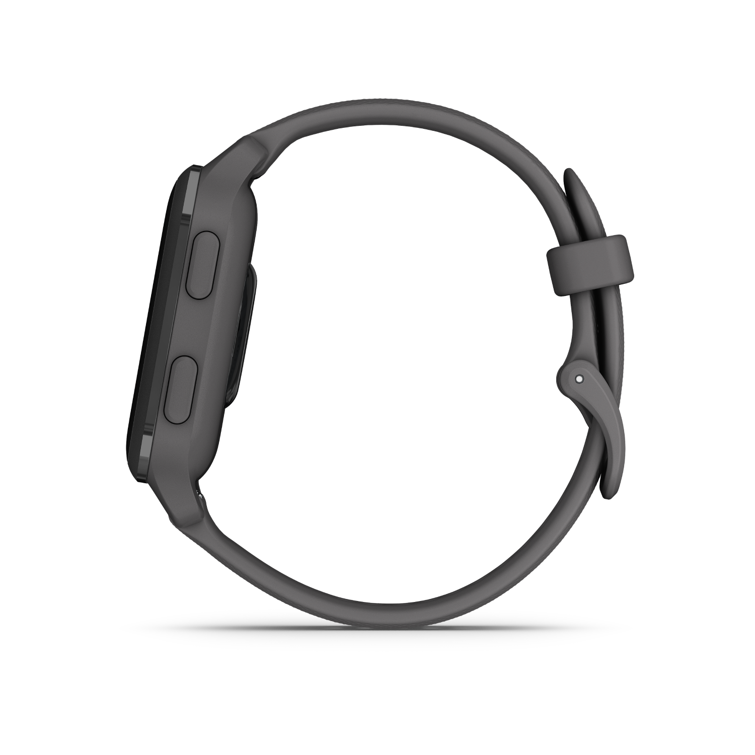 Zijaanzicht van een grijze smartwatch, zwarte achtergrond.