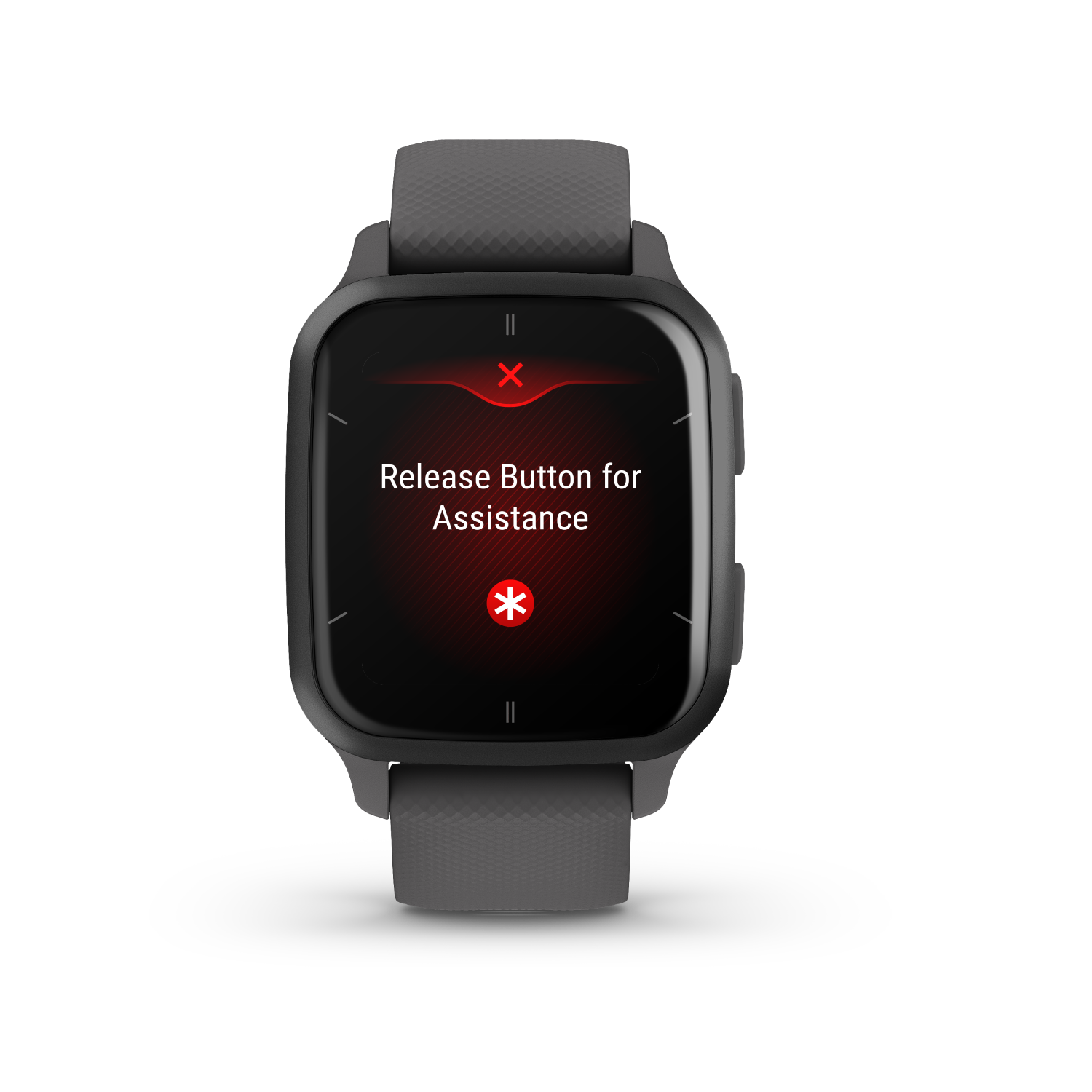 Een smartwatch toont 'Release Button for Assistance' op een zwart scherm.