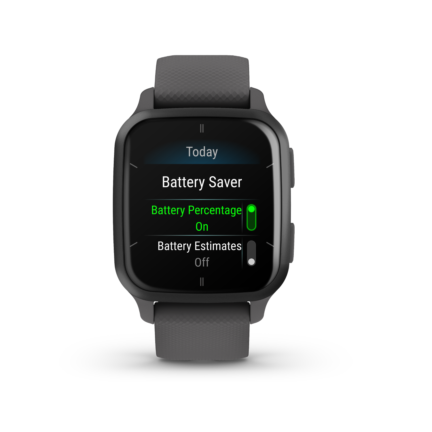 Een smartwatch toont een batterijbesparingsmenu.