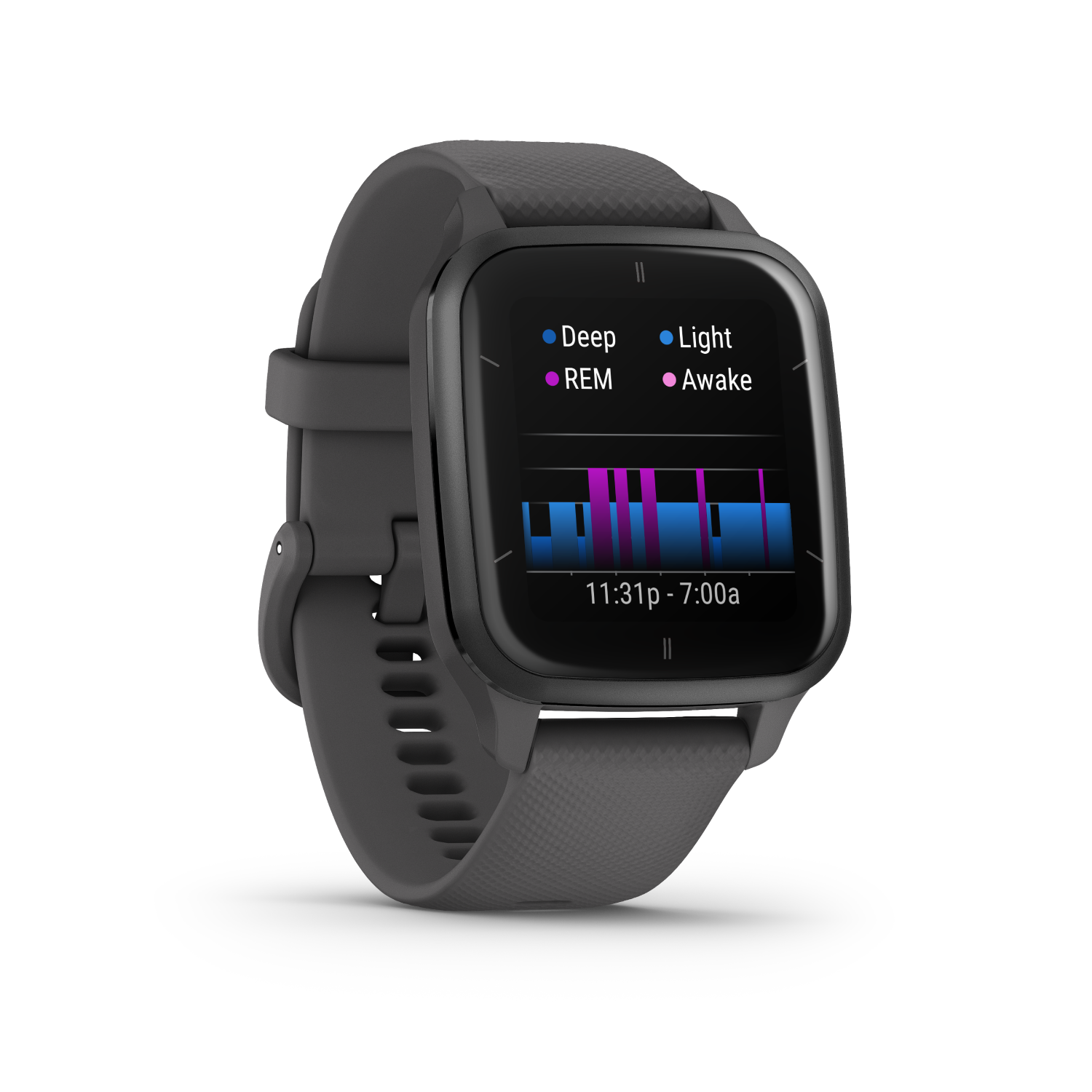 Een grijze smartwatch toont slaapstadia: diep, REM, licht en wakker. De tijd wordt onderaan weergegeven.