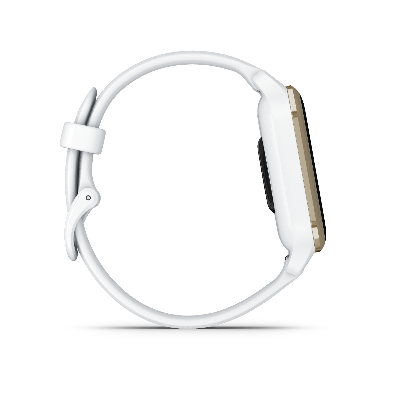 Een witte smartwatch met een witte band. Het horloge staat op een zwarte achtergrond.