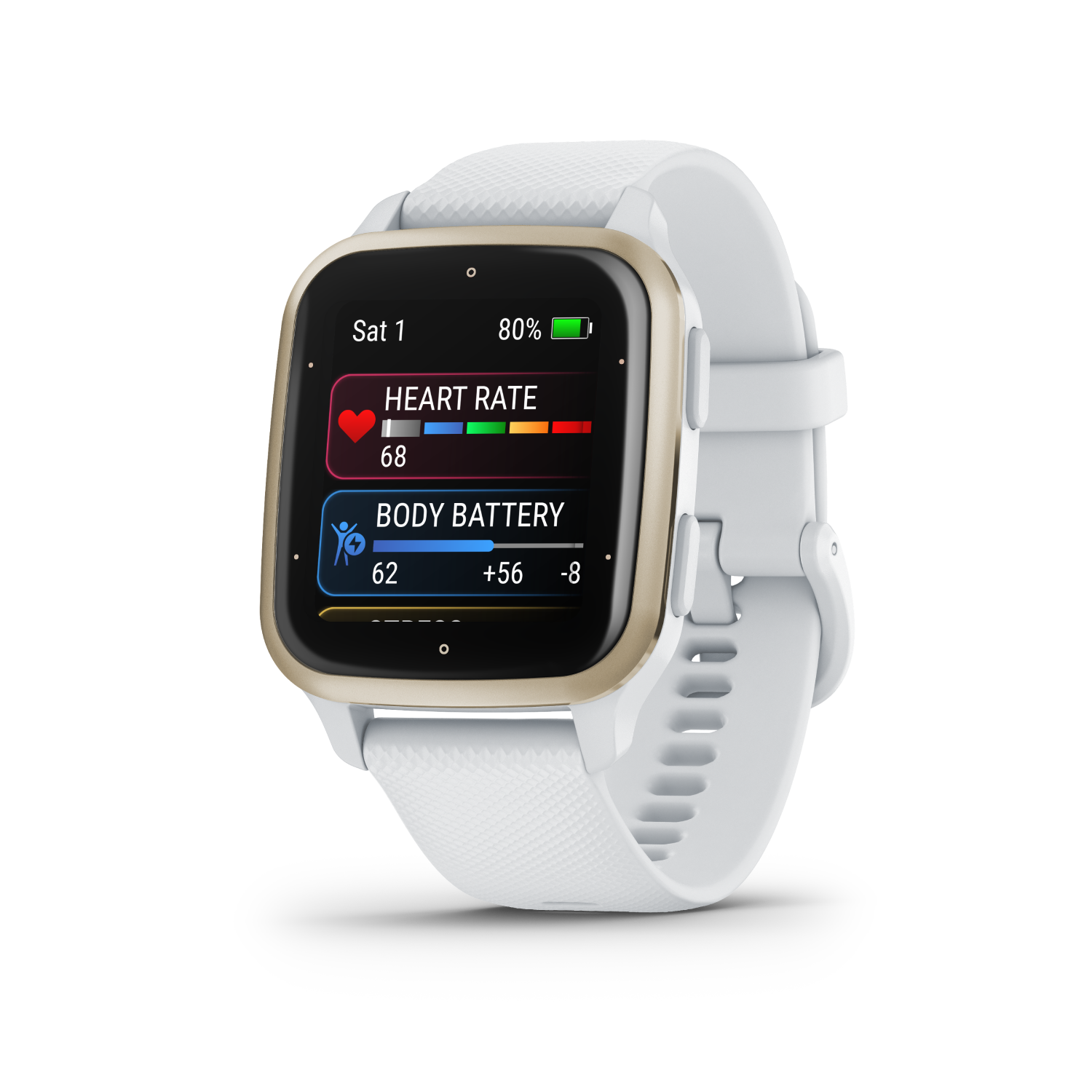Smartwatch met witte band, gouden frame, toont hartslag en batterij.