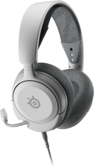Casque de jeu blanc avec microphone. Rembourrage gris sur les oreillettes et le bandeau.