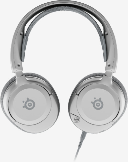 Casque argenté avec oreillettes et bandeau gris. Le logo SteelSeries est visible sur les oreillettes.