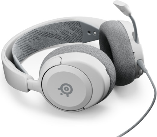 Casque de jeu blanc et gris avec un microphone. Il est sur fond blanc.