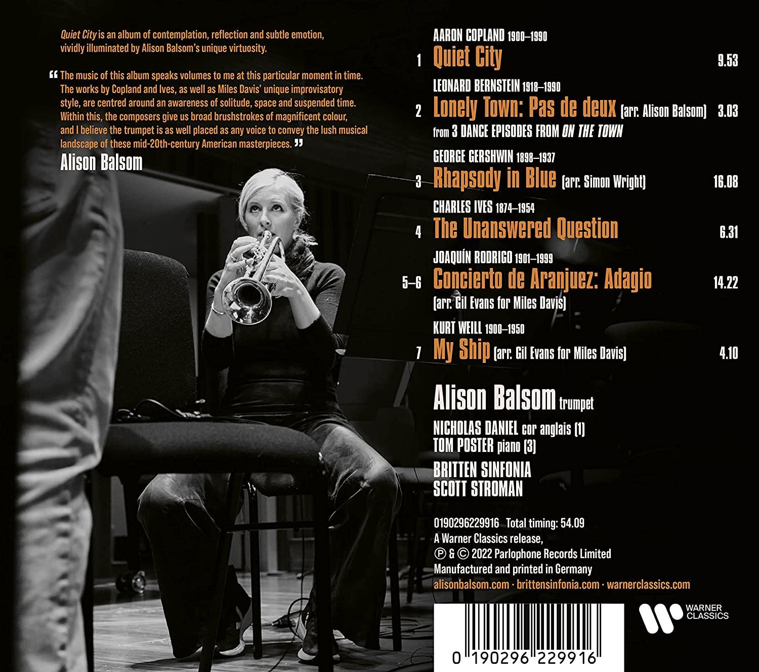 Albumcover mit Alison Balsom, die Trompete spielt, mit Text auf der rechten Seite.