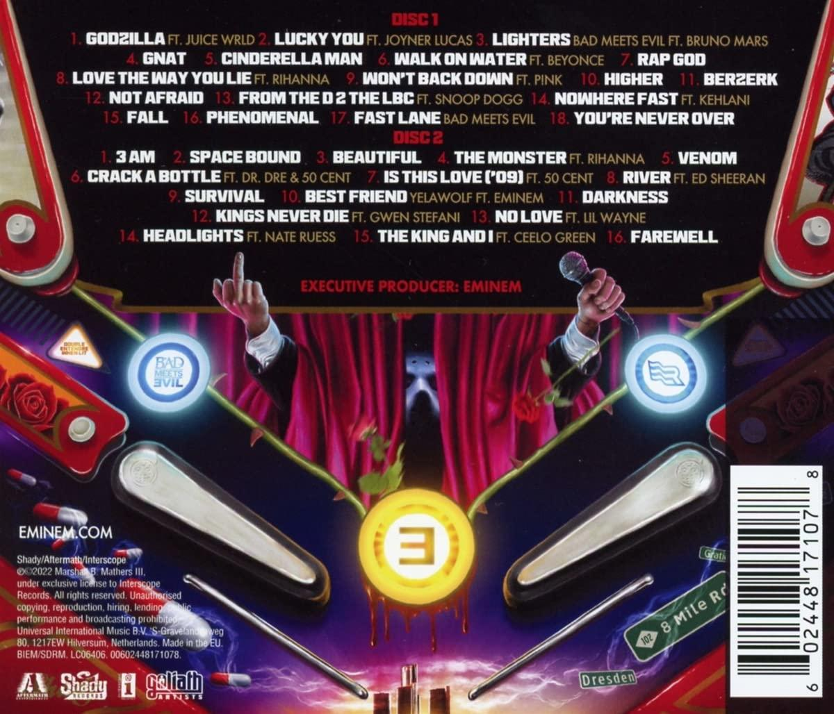 Rückseite einer CD mit Titelliste und Albumcover. Der Künstler ist Eminem.