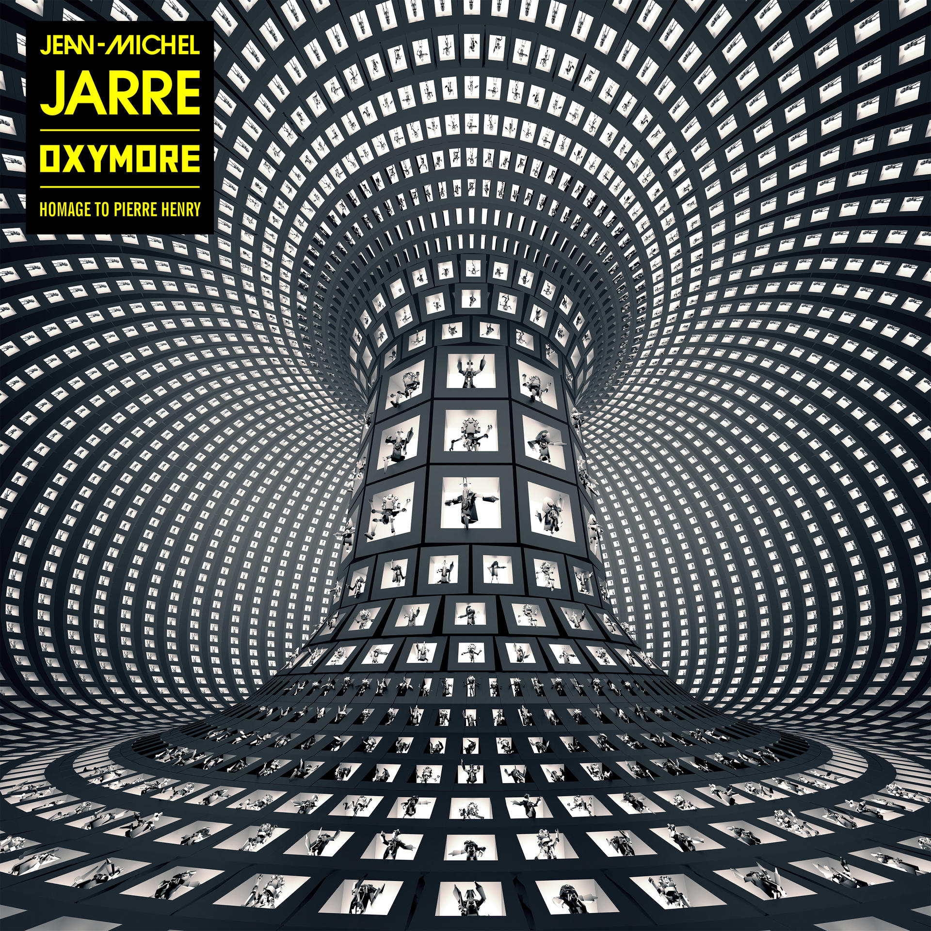 Jean-Michel Jarre album borítója egy szürreális, tunnelszerű képernyős szerkezettel.