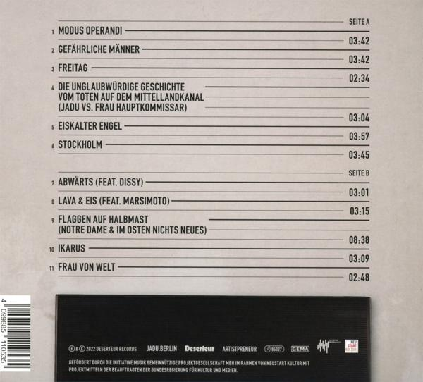 Titelliste eines Musikalbums, schwarz-weißer Text auf tanfarbenem Hintergrund.