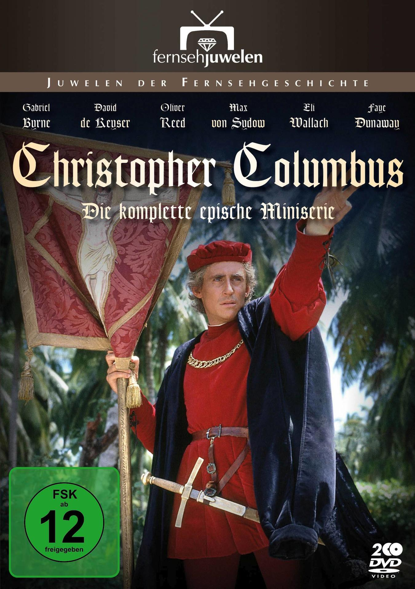 DVD-Cover: Mann in Rot hält eine Flagge, Text: 'Christopher Columbus'.