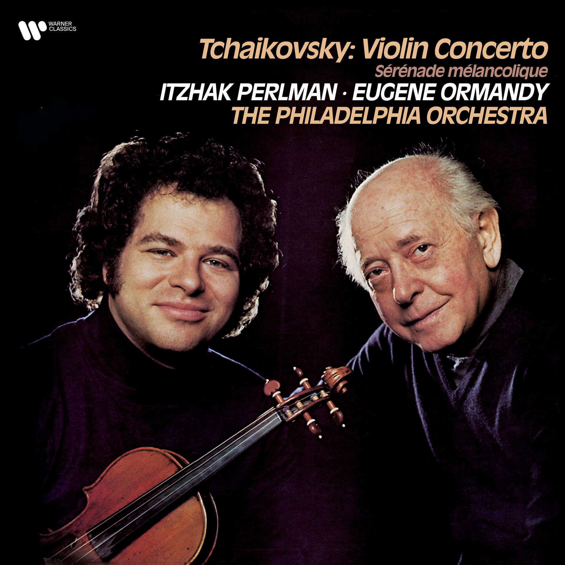 Album borító. Két férfi, az egyik hegedűt tart. Szöveg: Csajkovszkij Hegedűverseny, Itzhak Perlman, Eugene Ormandy.