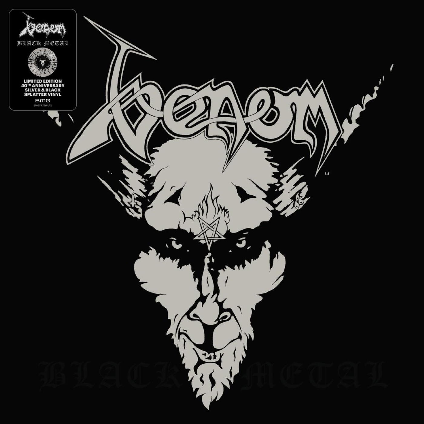 Venom Black Metal album borító démon arccal és a banda logójával.