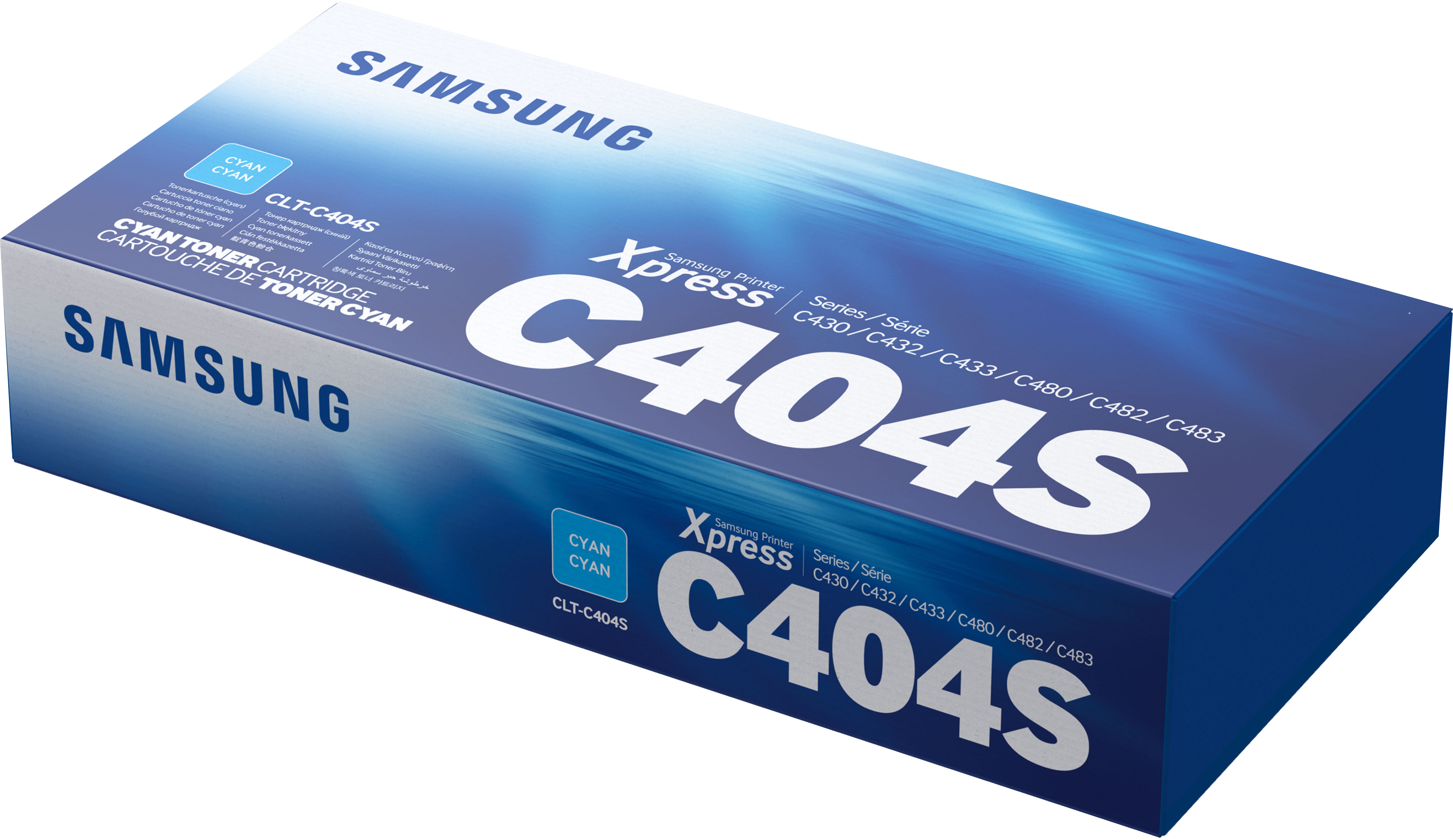 Samsung Druckerpatronenbox, cyanfarben, mit weißem Text und Logo.
