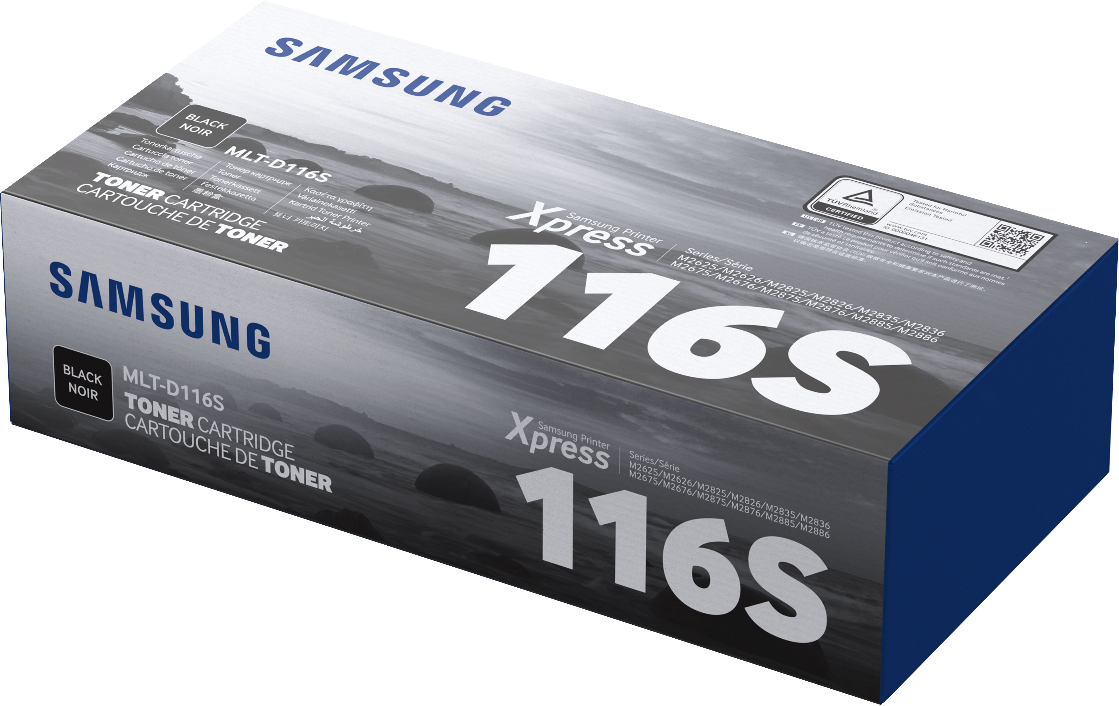 Eine Samsung-Tonerpatronenbox, hauptsächlich schwarz, mit weißem Text.