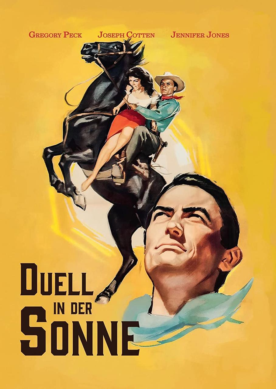 Filmplakat mit einem Mann auf einem Pferd und Nahaufnahme von Gregory Peck.