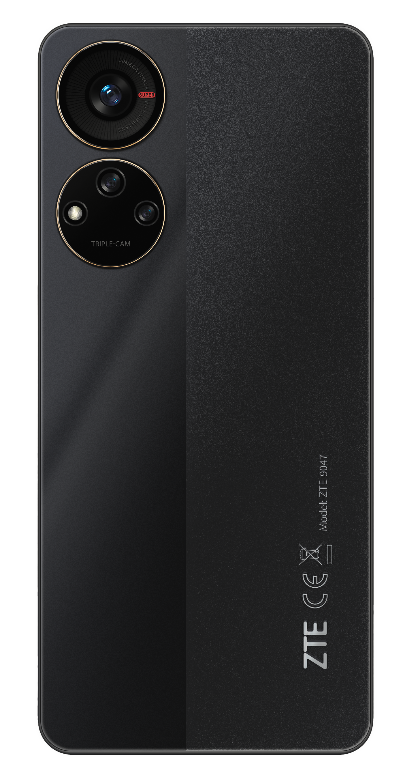 Schwarze Telefonrückseite mit Dreifachkameras und rundem Blitz. ZTE-Logo und Modellnummer.
