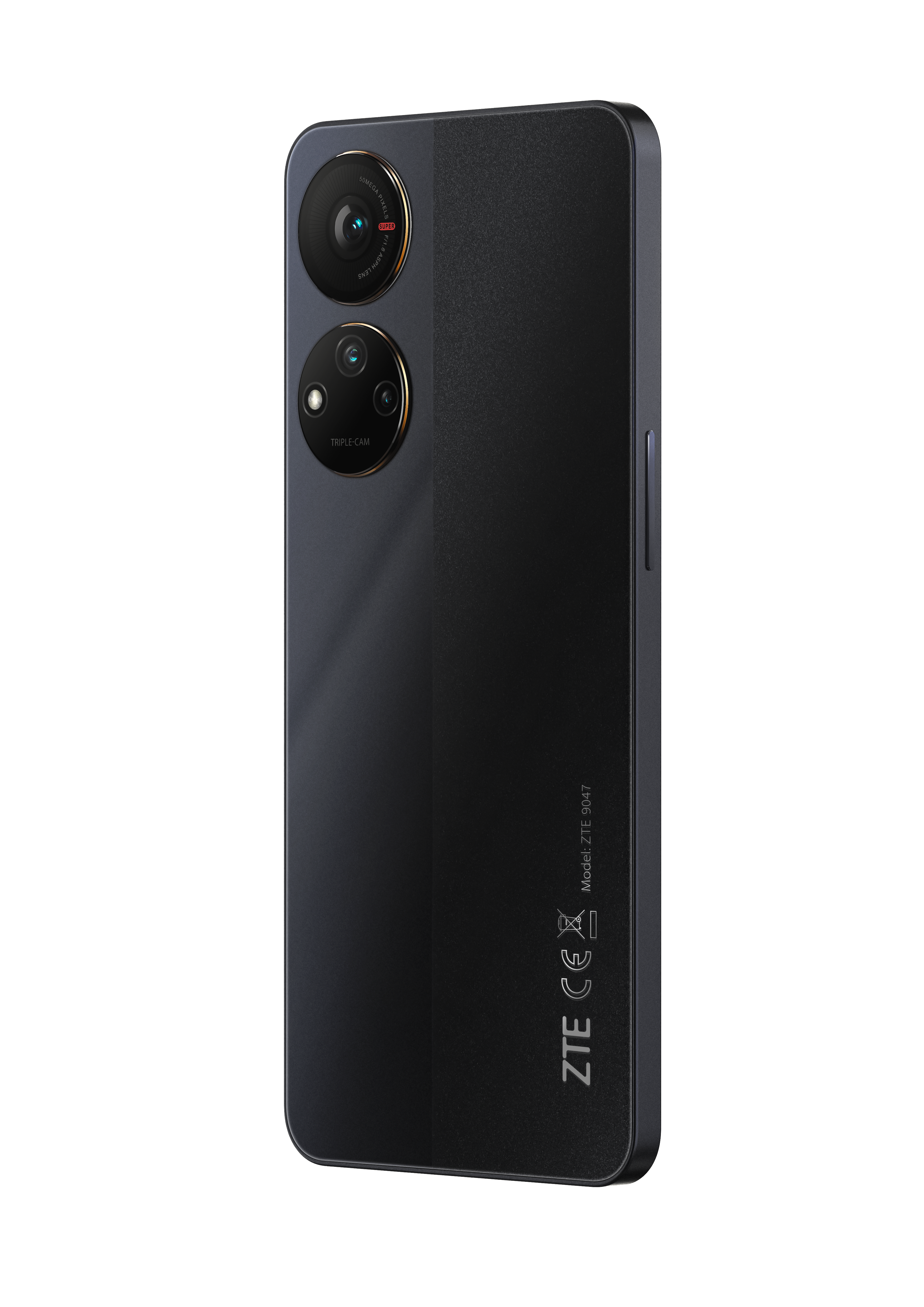 Ein schwarzes Smartphone mit Dreifach-Kameralinsen. Der Hintergrund ist schwarz.