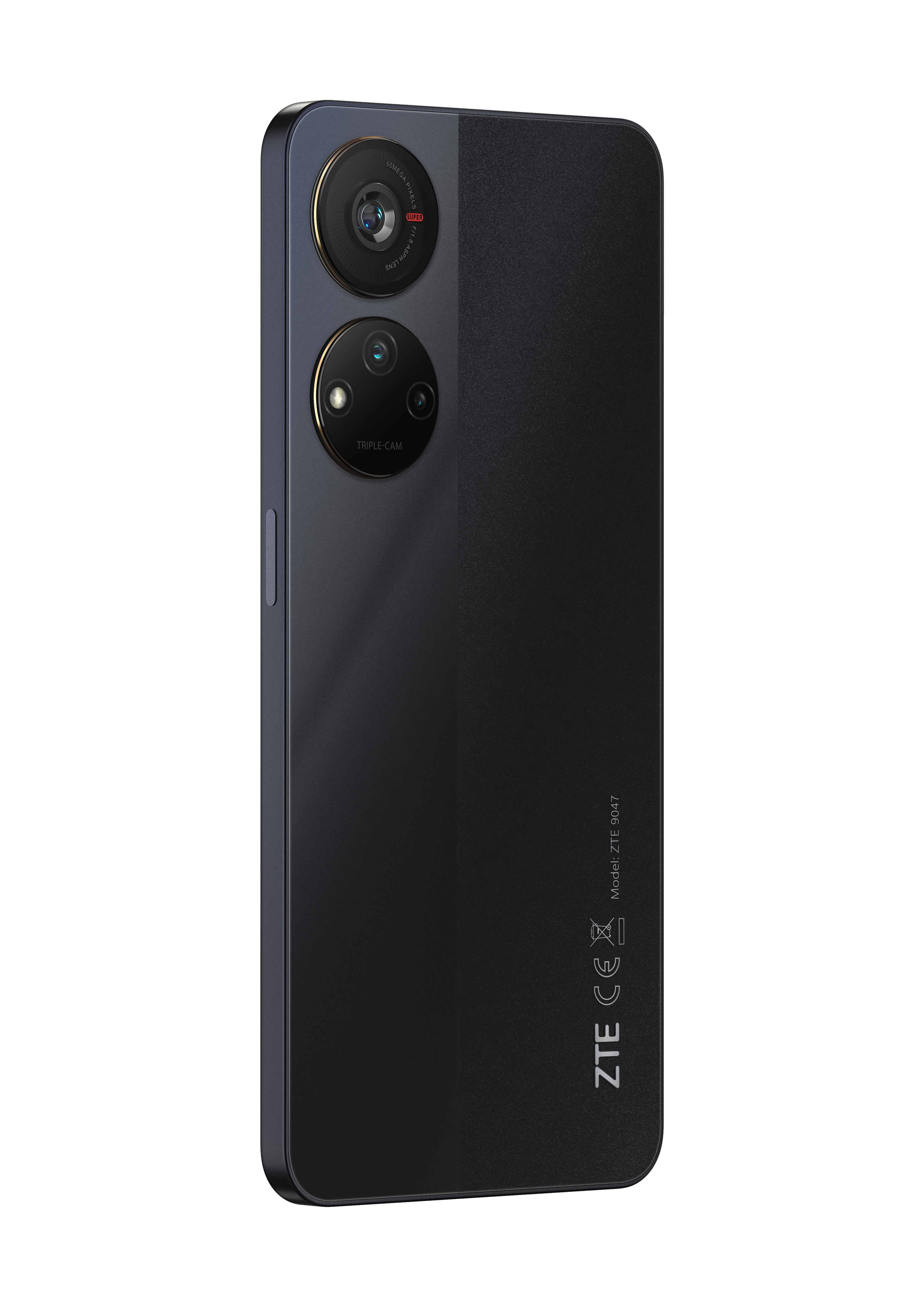 Schwarzes ZTE-Telefon, Dreifachkamera, auf schwarzem Hintergrund, Rückseite.