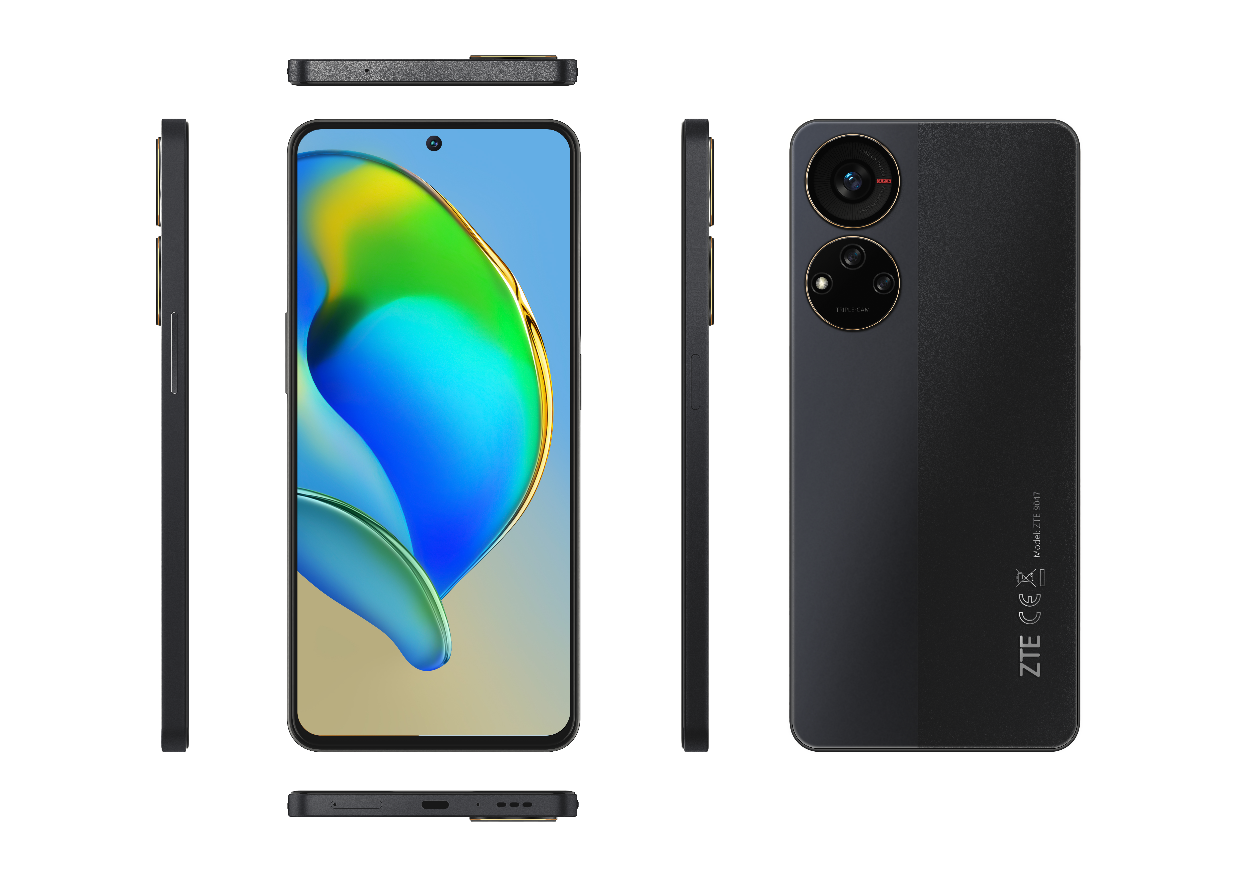 Ein Telefon, das die Seite, die Vorderseite und die Rückseite zeigt, alles schwarz.