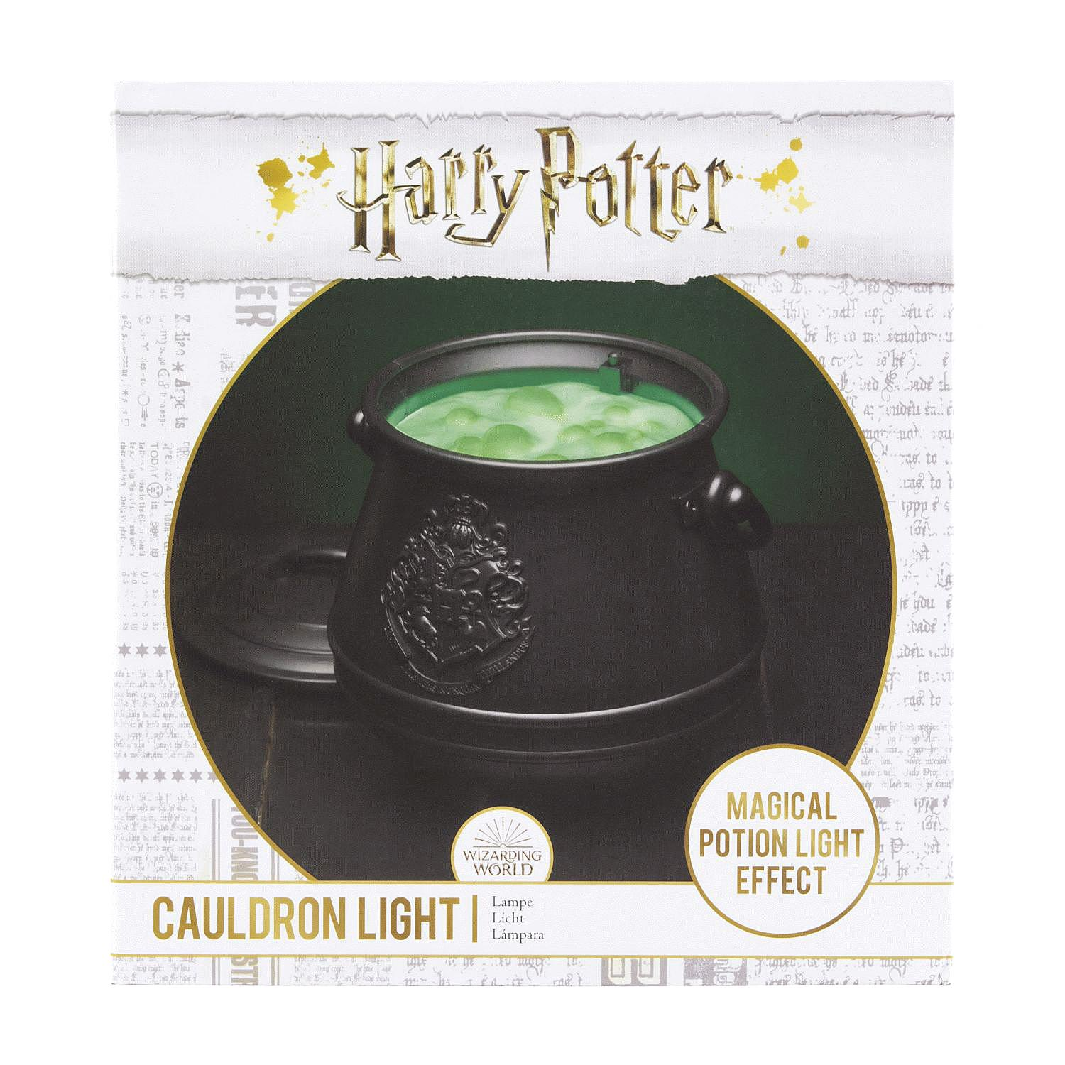 Ein Harry Potter Kessel-Licht, mit grünem Trank darin und Text auf weißem Hintergrund.