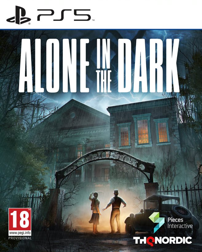 Gamecover: "Alone in the Dark" titel. Een huis en twee personages staan voor een poort.
