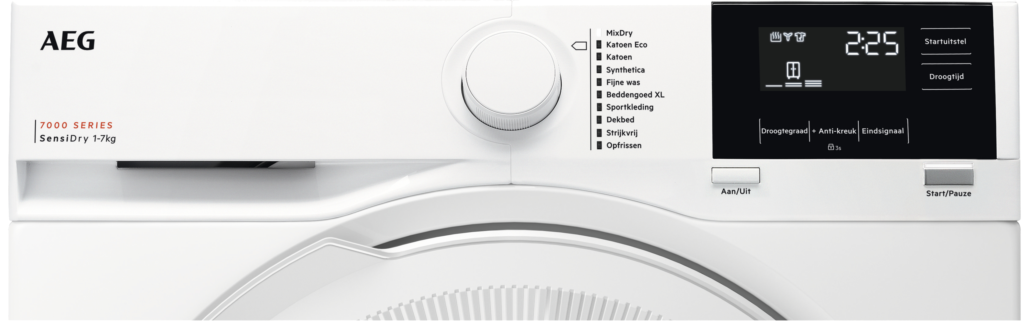 White AEG dryer front panel with a dial, display, and buttons. 7000 Series label.