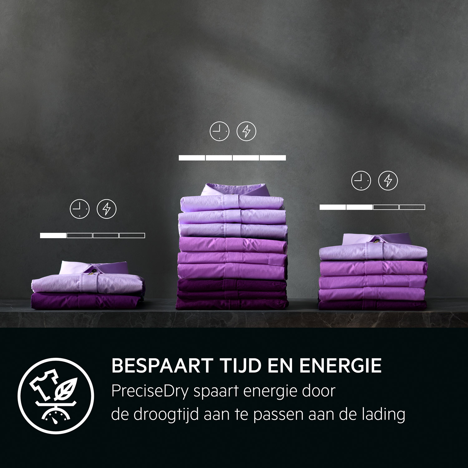 Drie stapels opgevouwen shirts, met droogtijdindicatoren. Tekst zegt dat het tijd en energie bespaart.