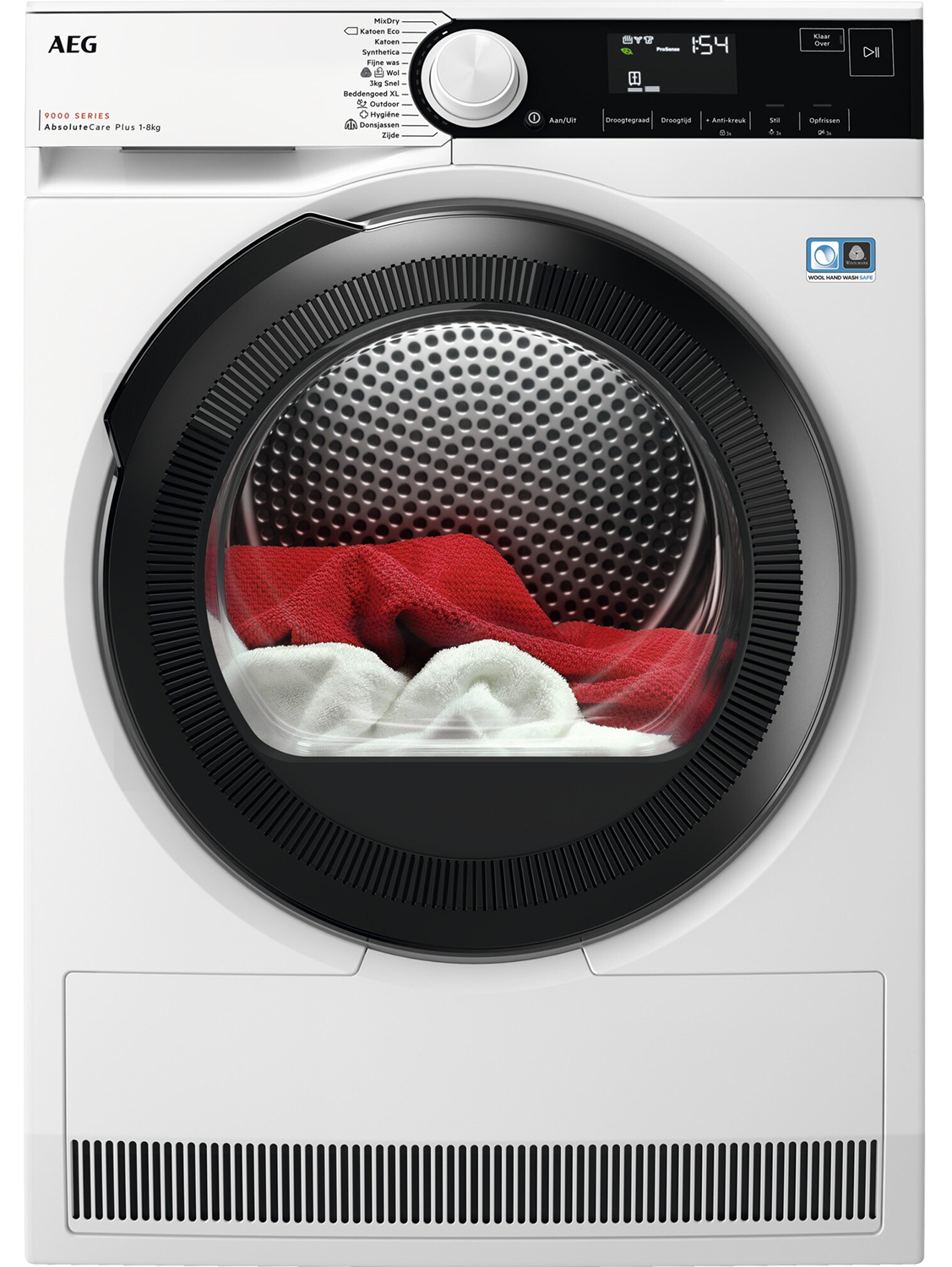 AEG T9000 Serie droger. Wit met een zwarte deur, met rode en witte kleding erin.