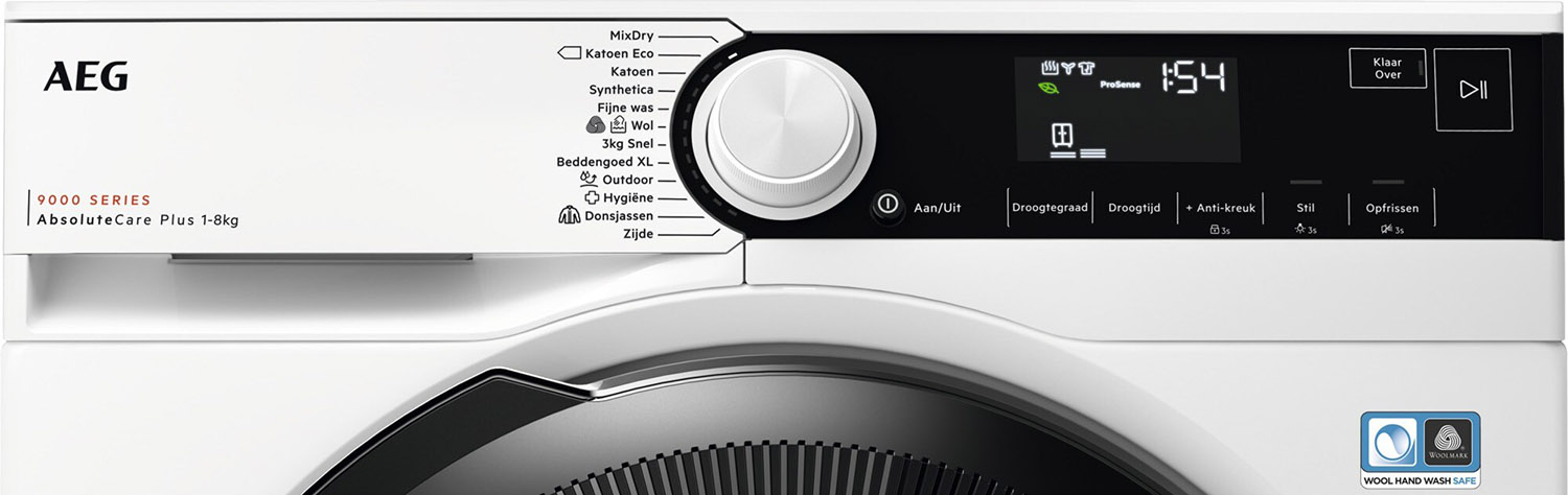 AEG wasmachine bedieningspaneel, wit, met diverse wasinstellingen en een display.