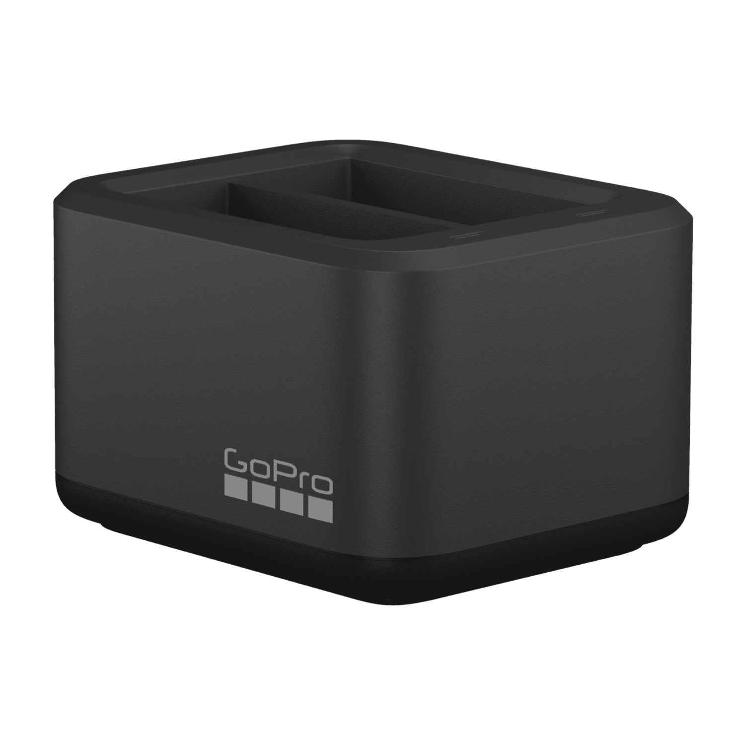 Un caricabatterie doppio GoPro nero su sfondo bianco.