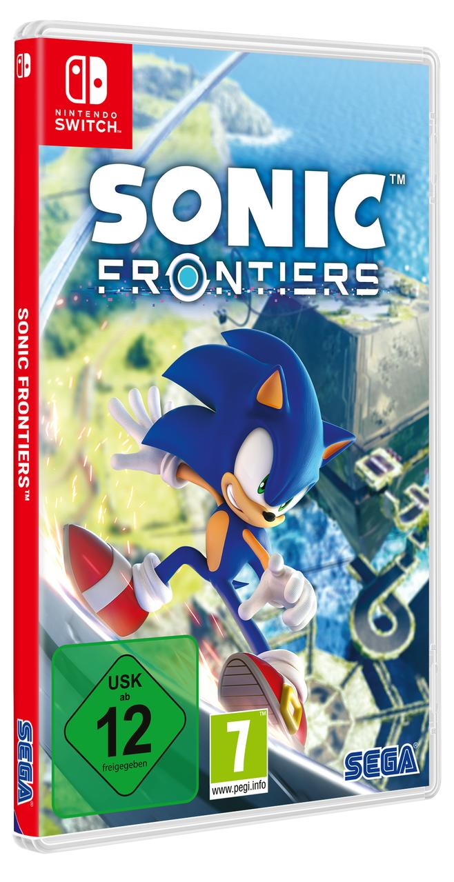 Sonic Frontiers Spielbox, Vorderansicht mit Sonic, der vor grünem Hintergrund rennt.