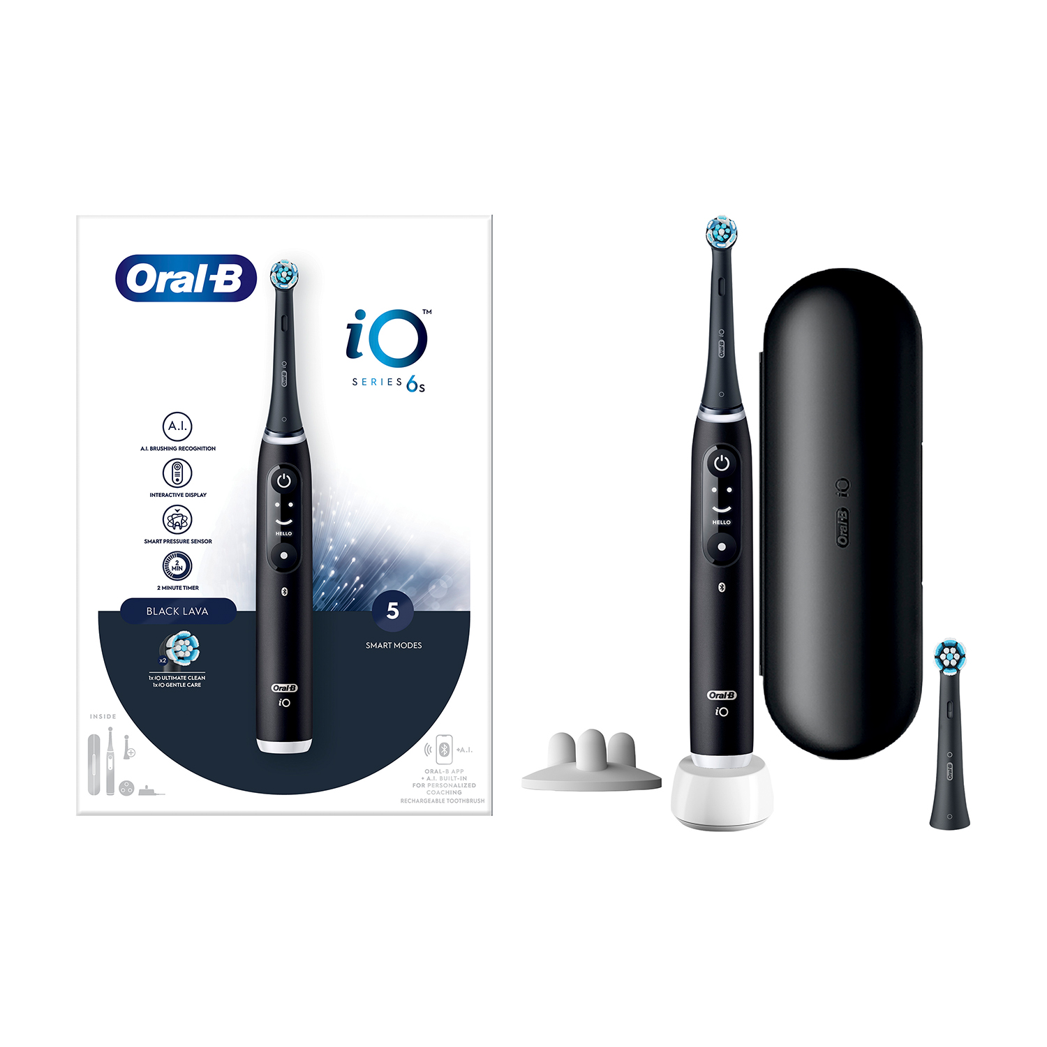 Spazzolino elettrico Oral-B nero con caricatore, testina e custodia da viaggio. Sfondo bianco.
