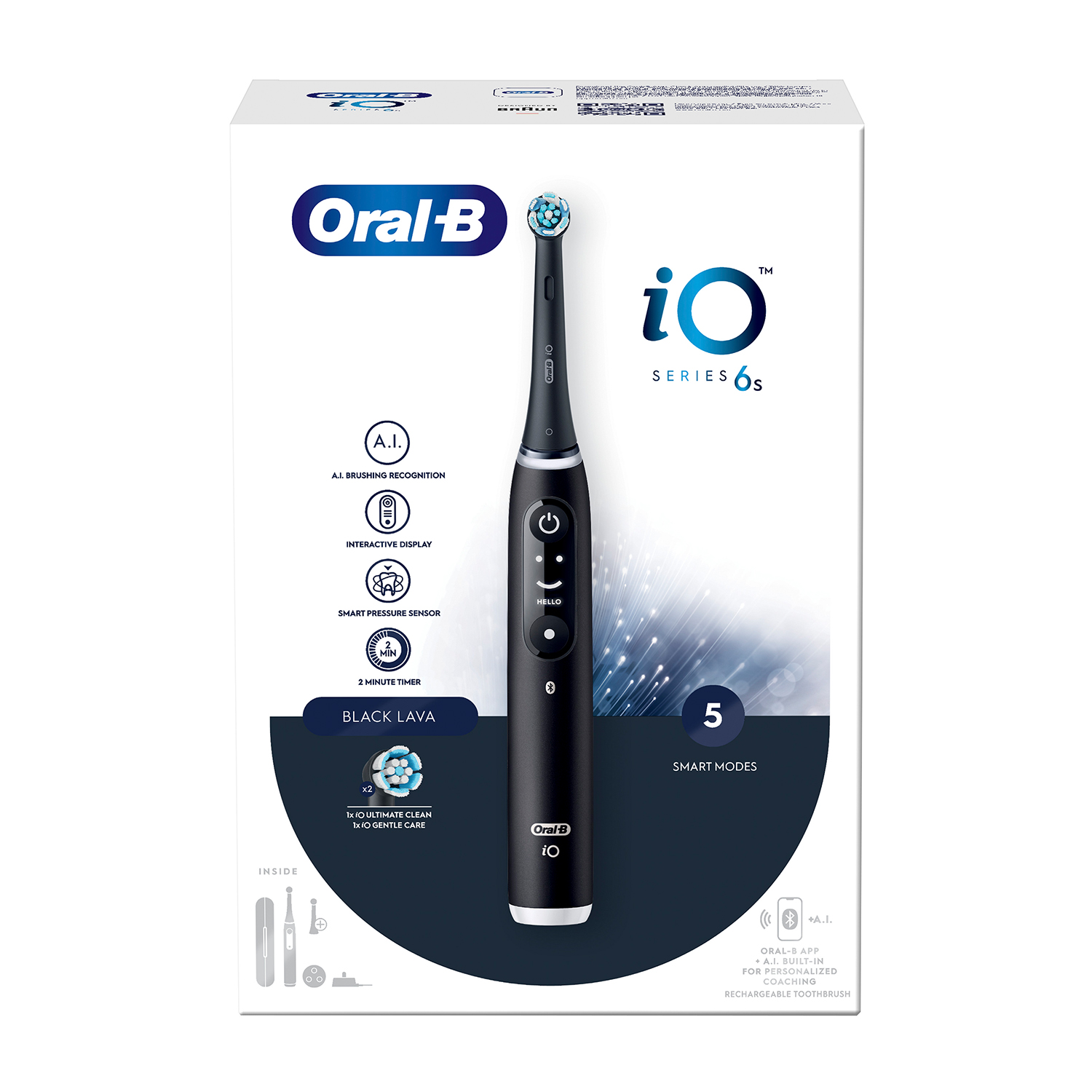 Spazzolino elettrico nero Oral-B iO Series 6s con la sua confezione. Caratteristiche e modalità visibili.