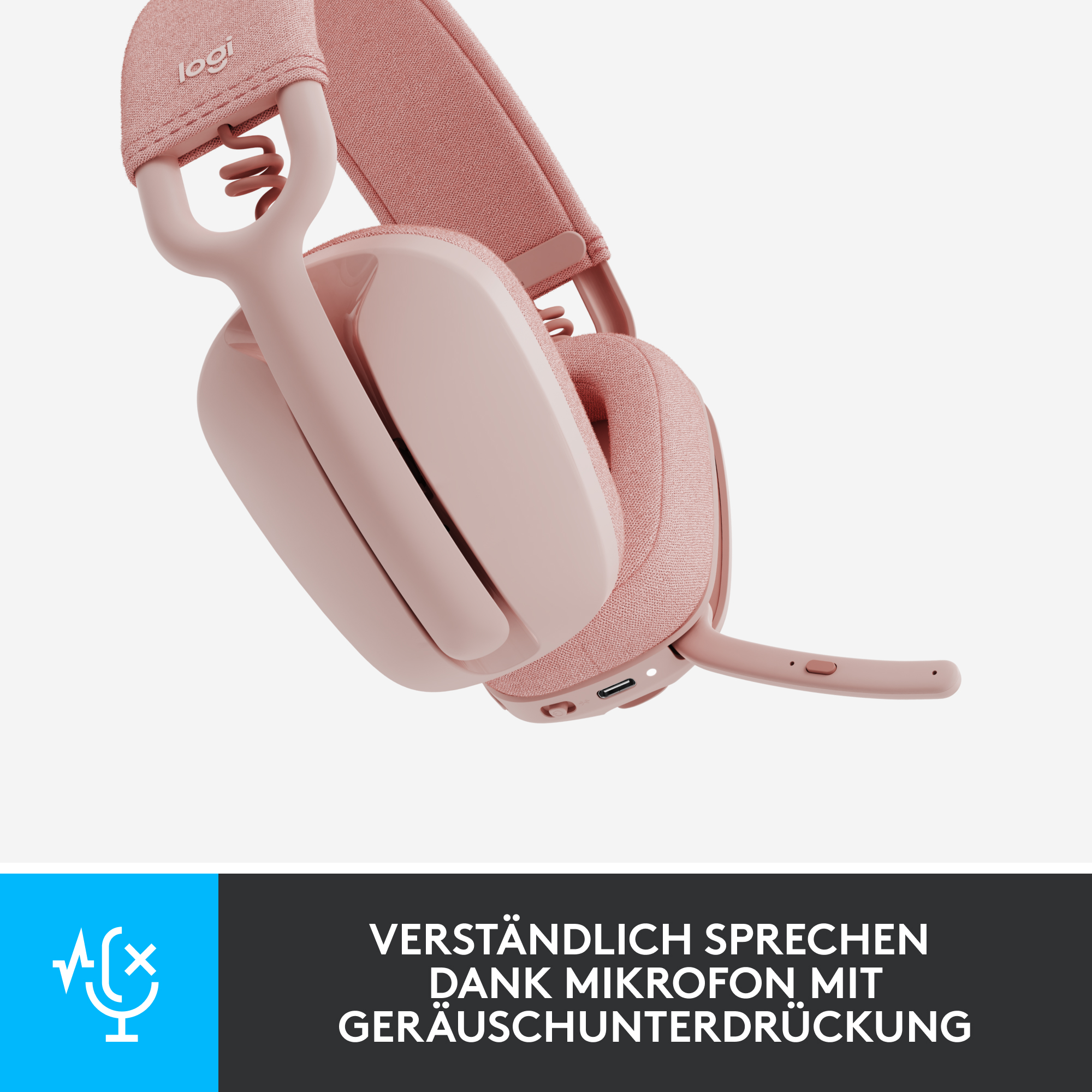 Pinke Kopfhörer mit Mikrofon. Text: Verständlich sprechen dank Mikrofon mit Geräuschunterdrückung.