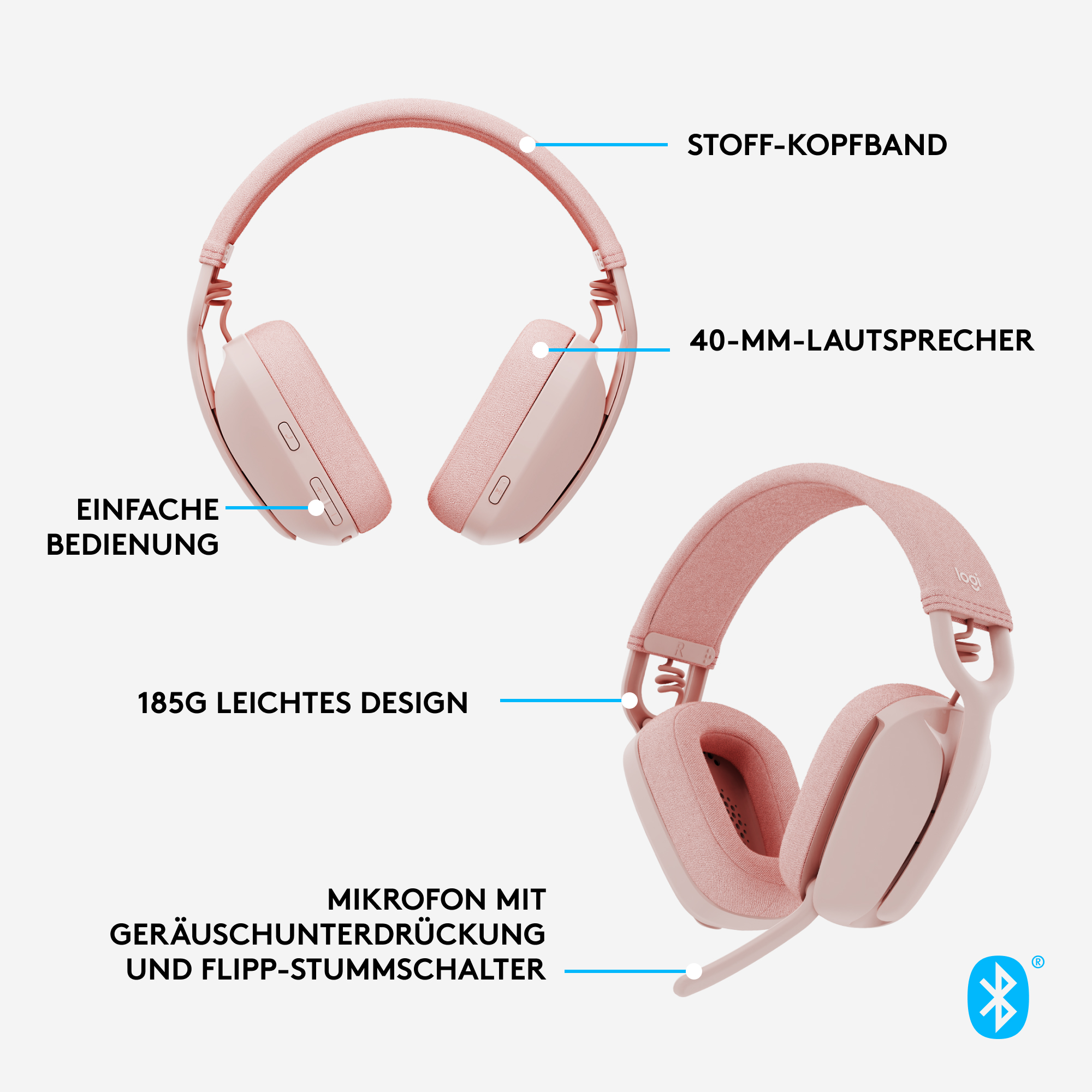 Drahtlose rosa Kopfhörer mit Etiketten, die Komponenten wie Ohrmuscheln und Kopfband zeigen.