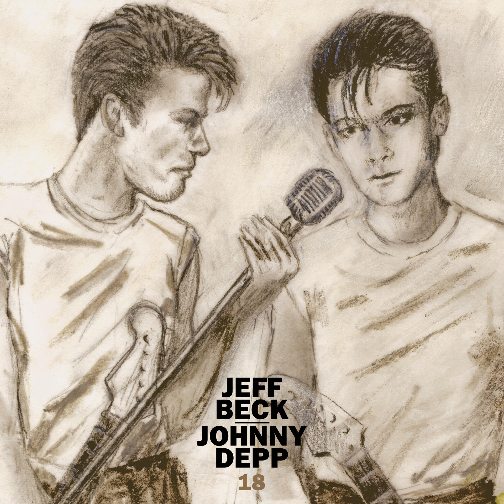 Bleistiftskizze von Jeff Beck und Johnny Depp. Einer hält eine Gitarre, der andere ein Mikrofon.