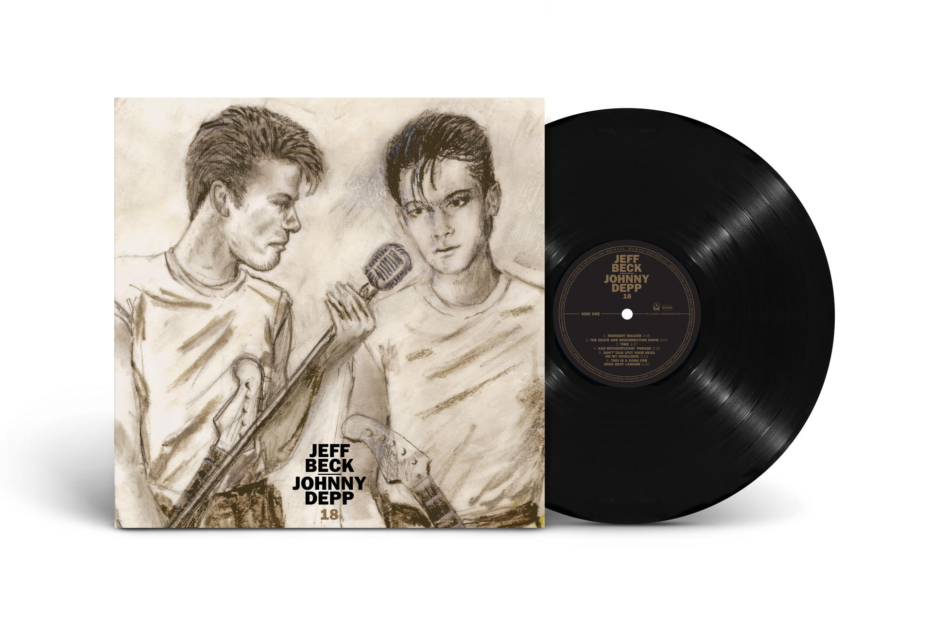 Vinyl-Schallplatten-Albumcover, zeigt zwei Männer mit Gitarren und einem Mikrofon. Schallplatte rechts.