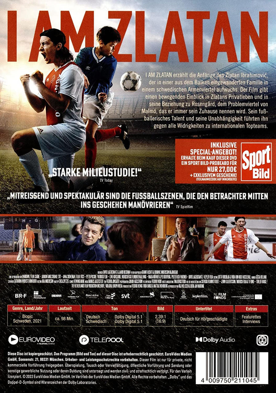 Rückseite der "I Am Zlatan" DVD. Mit mehreren Bildern und Text in mehreren Sprachen.