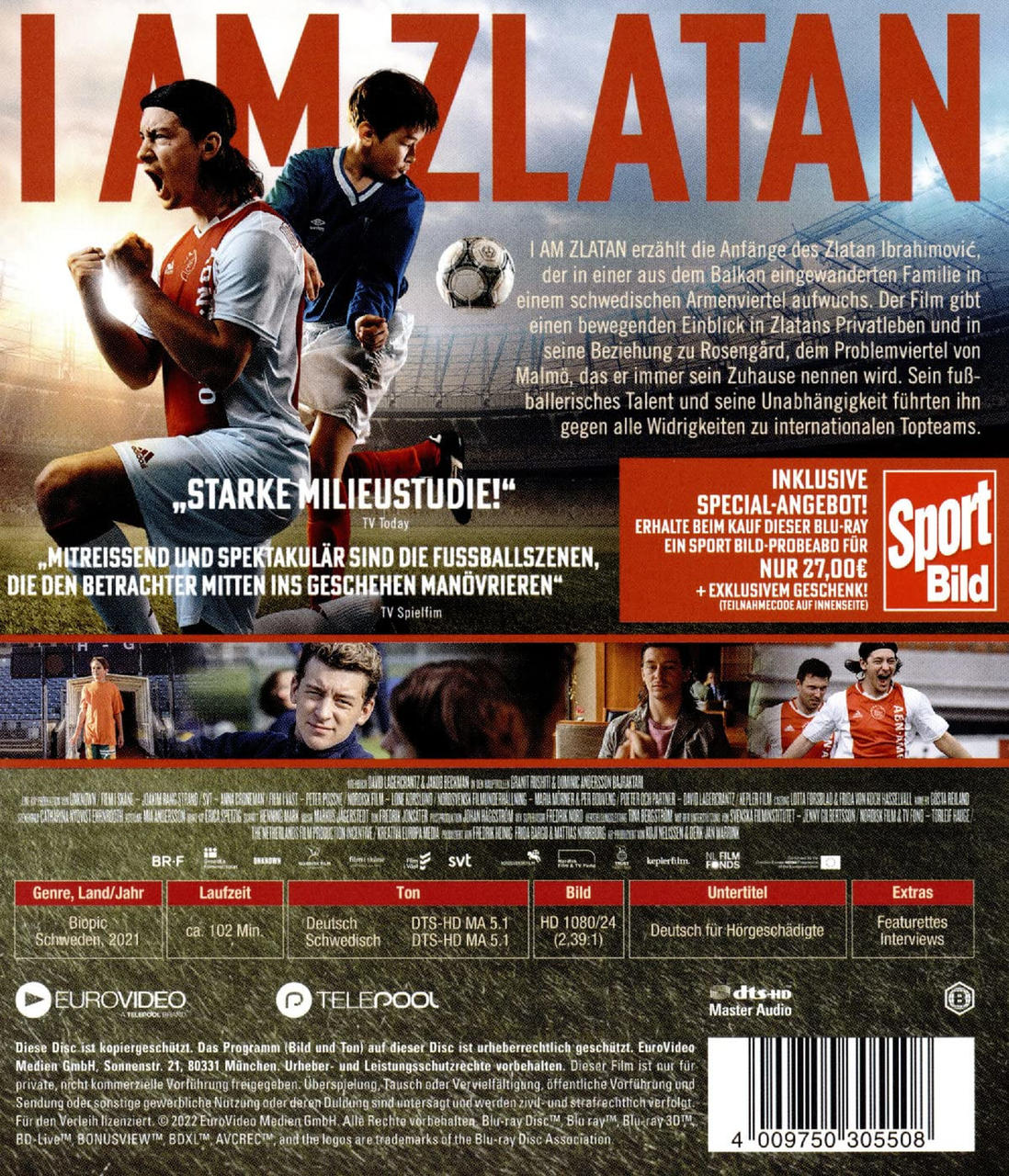 Die Rückseite einer DVD-Hülle mit dem Titel "I AM ZLATAN" und einem Bild eines Fußballspielers.