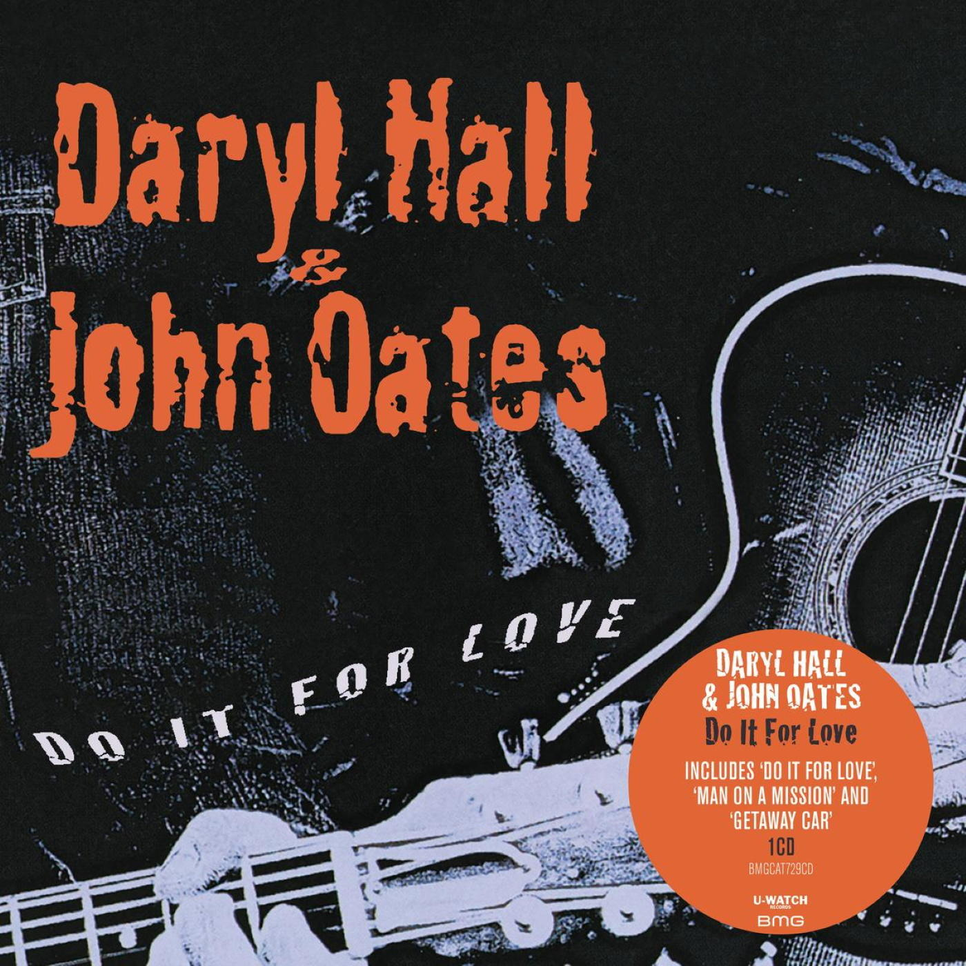 Albumhoes met tekst 'Daryl Hall & John Oates Do It For Love'. Gitaarafbeelding op de achtergrond.