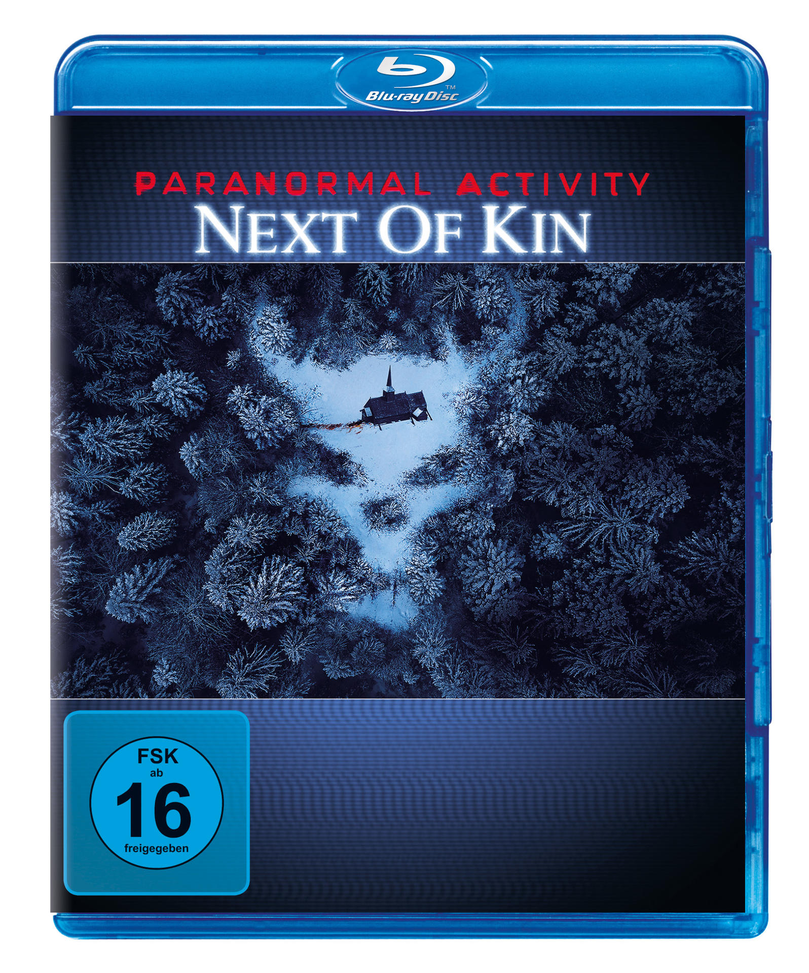 Ein Filmcover mit einer verschneiten Waldszene, einer Kirche und dem Titel: Paranormal Activity: Next of Kin.