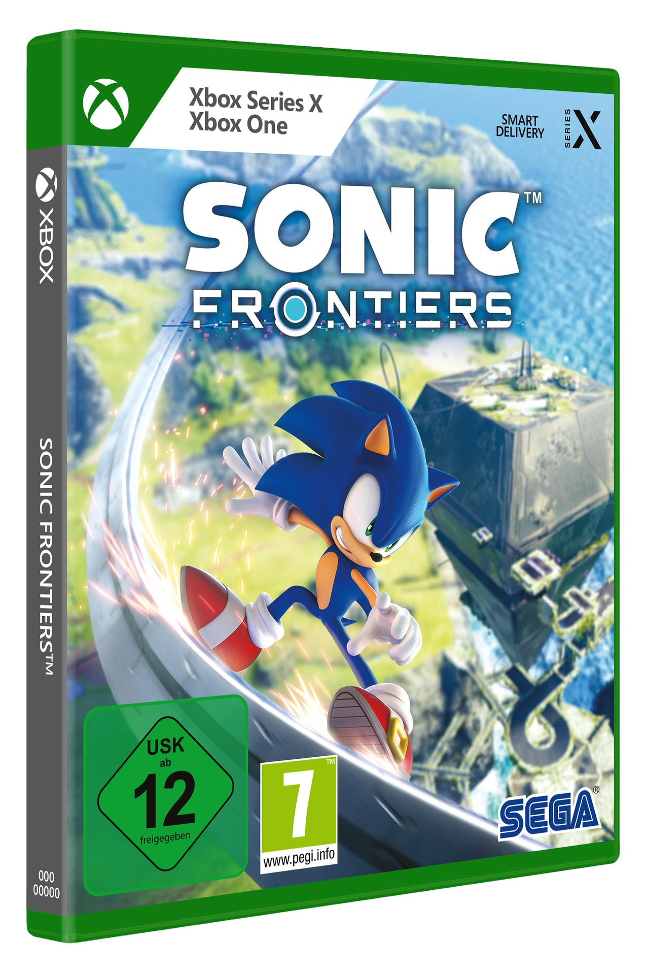 Eine grüne Spielbox für Sonic Frontiers für Xbox Series X und Xbox One mit einer Cartoonfigur.