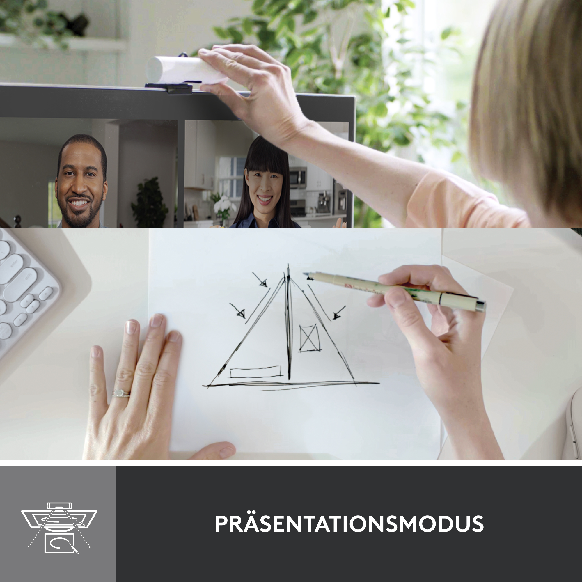 Eine Person, die eine Webcam einstellt. Bilder von Personen werden angezeigt. Eine Hand zeichnet eine Skizze.