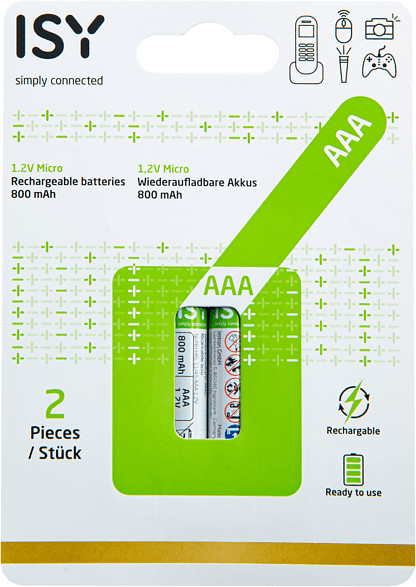 Two AAA rechargeable batteries in a package. The package is green and has text. White background.